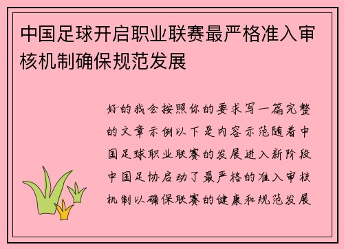 中国足球开启职业联赛最严格准入审核机制确保规范发展